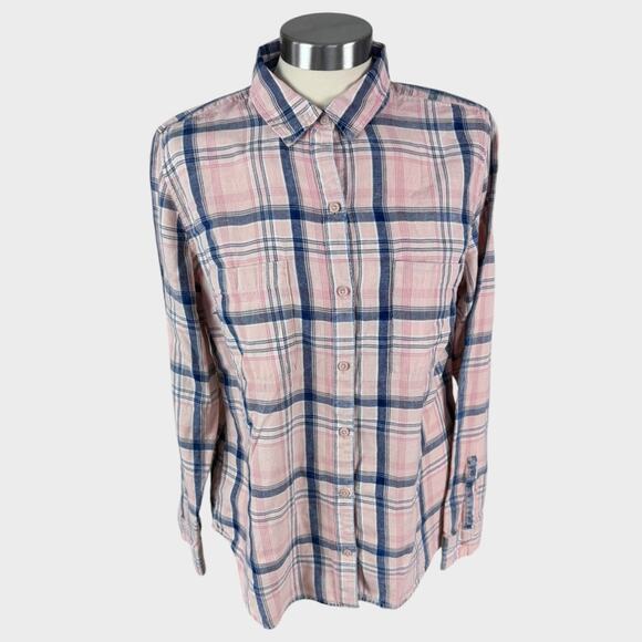 Falls Creek Womens Medium Button Front Plaid Shirt Pink Gray - Picture 1 of 6